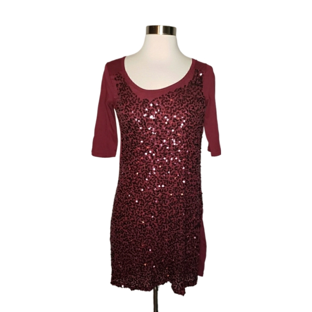 NWT Armani Exchange XS Burgundy Sequin Fitted Tunic Mini Dress